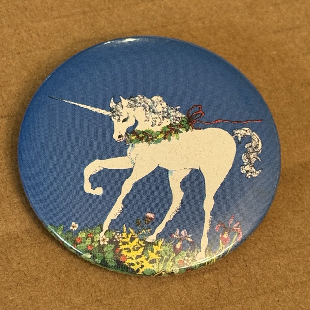 Unicorn Floral Mystical Blue Vintage Pinback Button Pin Round Circle